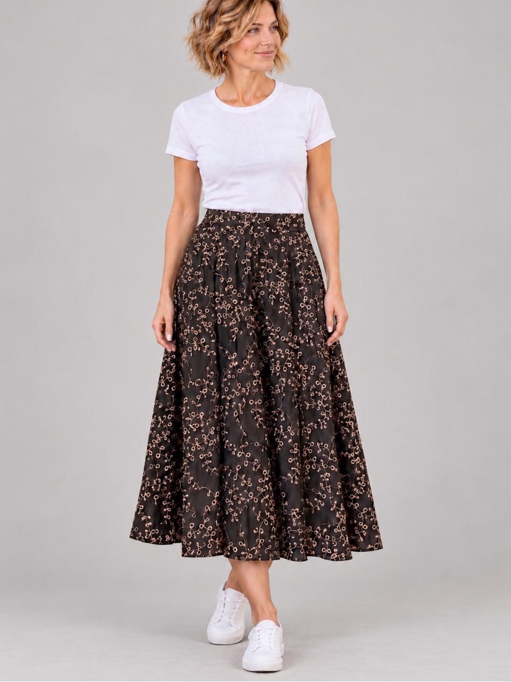 T Tahari Black Midi Skirt with Tan Vine Embroidery